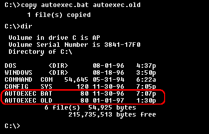 命令：copy  autoexec.bat后，dir当前目录